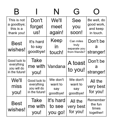 Farewell Bingo Card