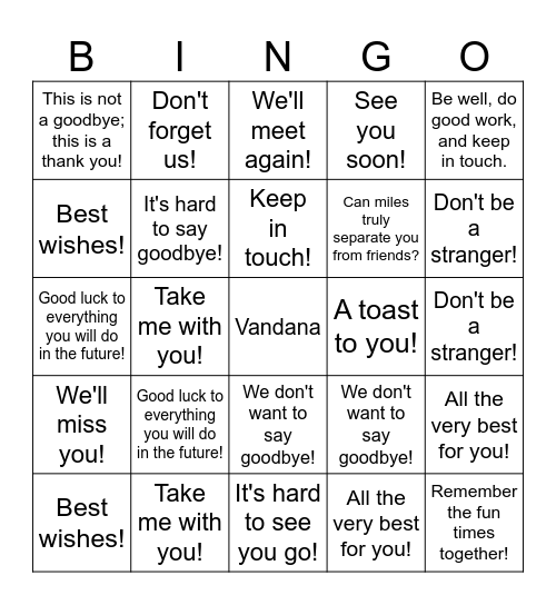 Farewell Bingo Card