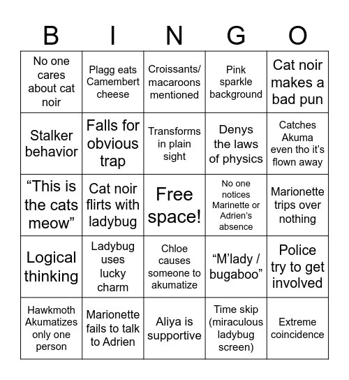 Miraculous Ladybug Bingo Card