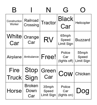 Road Trip BINGO Card