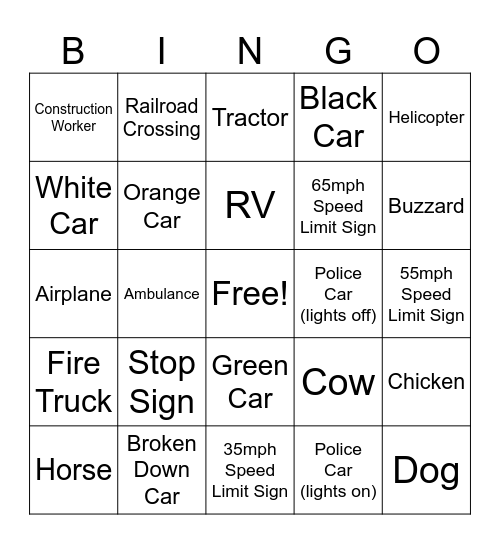 Road Trip BINGO Card