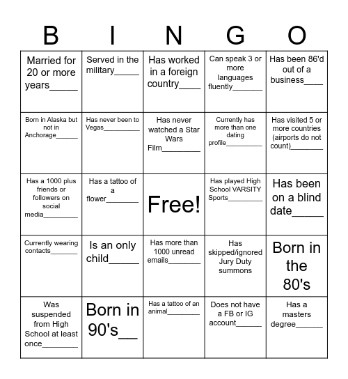 Legacy Adult Mingle Bingo Card