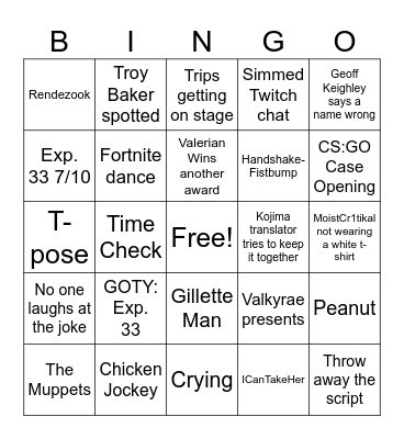 Game Awards 2025 Bingo Card