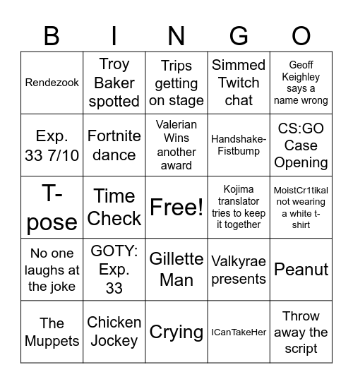 Game Awards 2025 Bingo Card