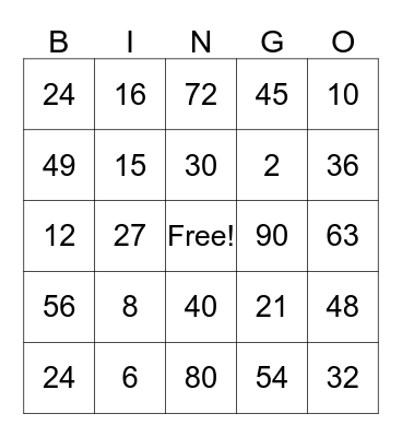 Multiplication Bingo! Bingo Card