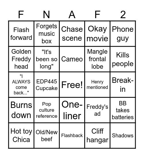 FNAF movie 2 bingo Card