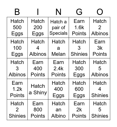 PFQ Type Race Hunt Bingo Card