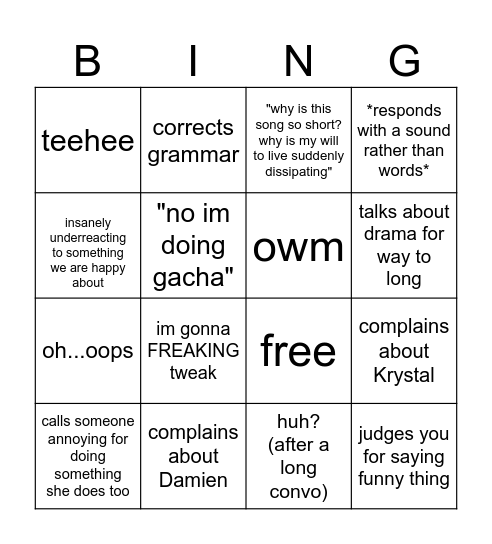 annoying bingo Card