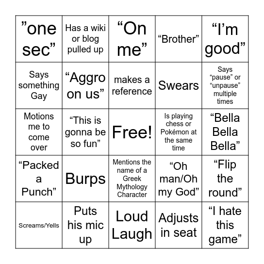 Boyfriend bingo Card