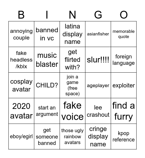 roblox bingo Card