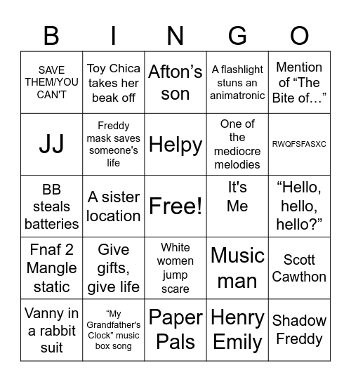 FNAF 2 Bingo Card