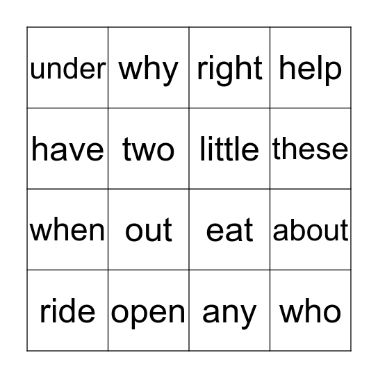 1st grade Bingo Card