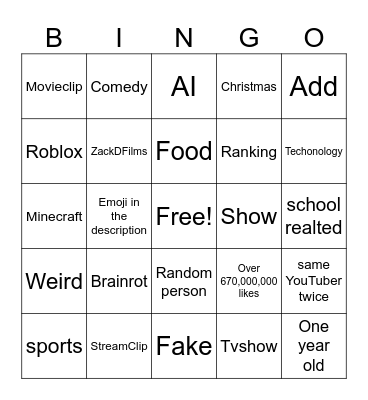 YouTube shorts bingo Card