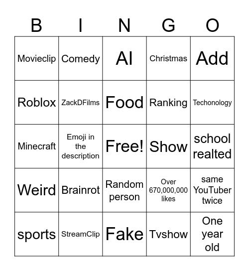 YouTube shorts bingo Card