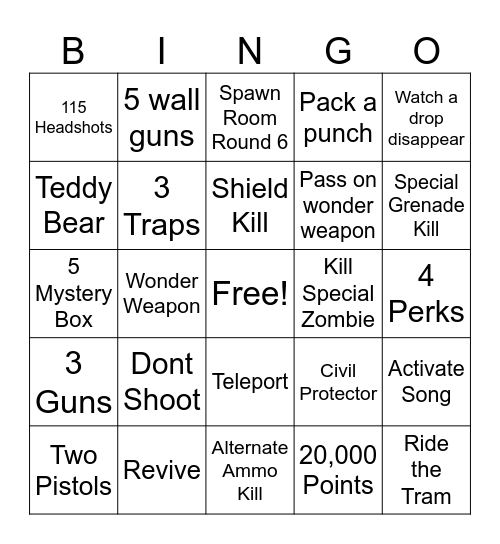 Zombie Co-Op Bingo Card