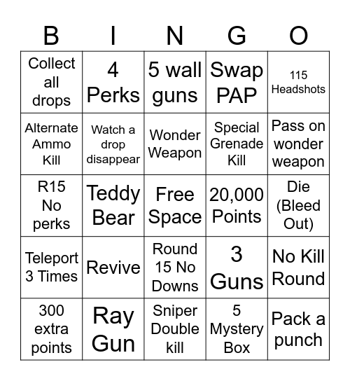 Zombie Co-Op Bingo Card
