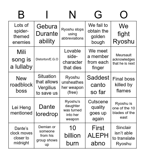Canto 9 Bingo Card