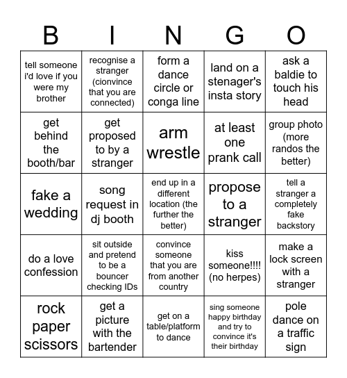 Sezen's Night Out Bingo Card