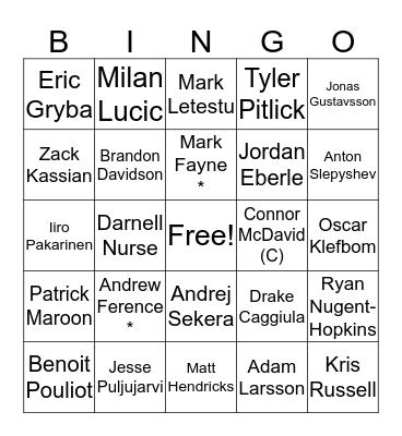 Oilers Player Bingo Card