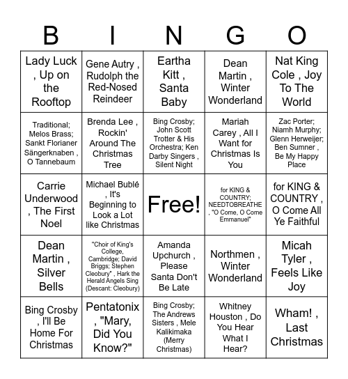Christmas Music Bingo Card