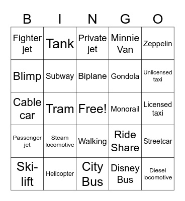 Vacation transit Bingo Card