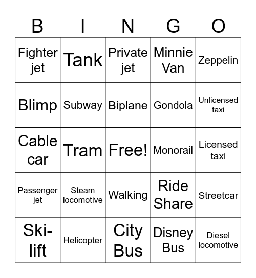 Vacation transit Bingo Card