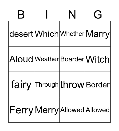 Homophones Bingo Card