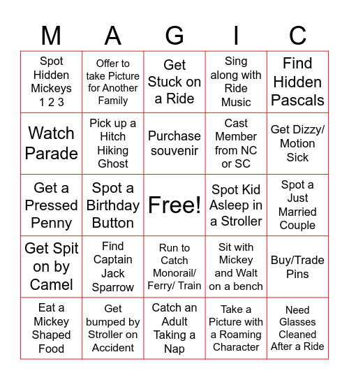 Magic Kingdom Bingo Card