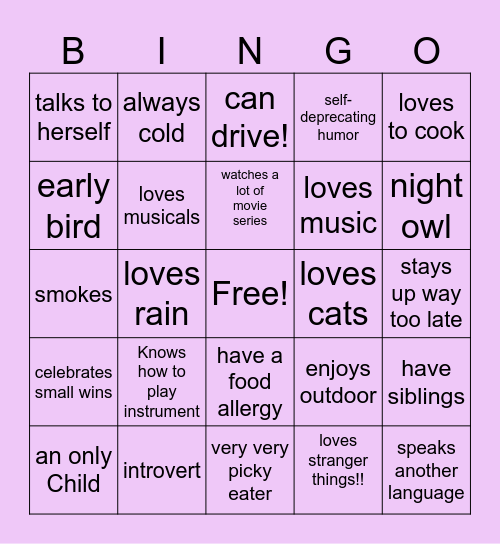 get to know me Bingo Card