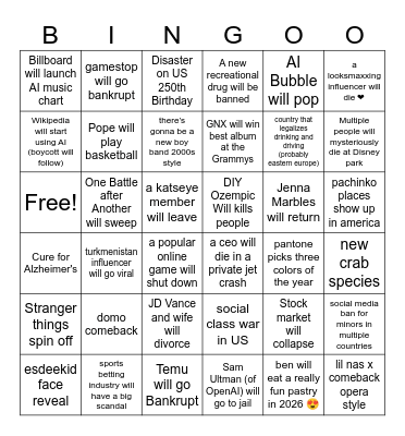 2026 Predictions Bingo Card