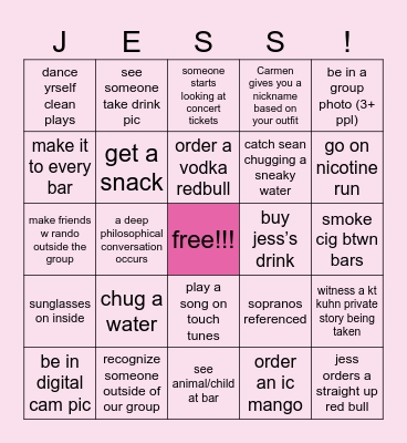 jess's bday bingo bar crawl Bingo Card