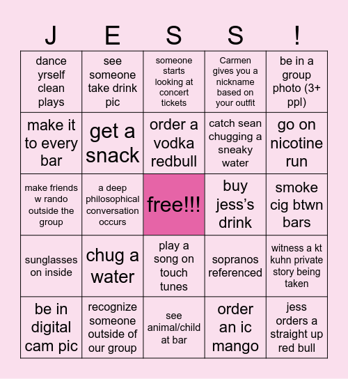 jess's bday bingo bar crawl Bingo Card