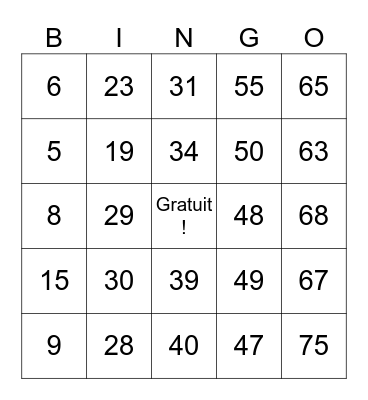 Number Bingo 1-75 Bingo Card