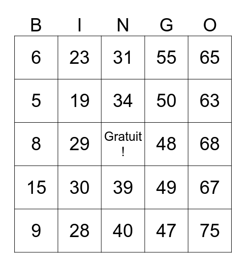 Number Bingo 1-75 Bingo Card