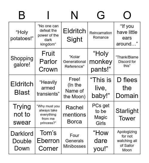 WWoDL: Sailor Moon Bingo Card