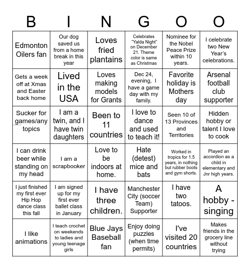 Jingle Mingle Bingo Card