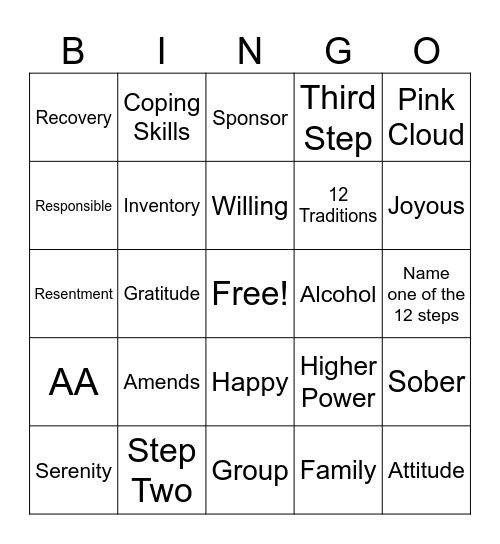 Recovery Bingo! Bingo Card