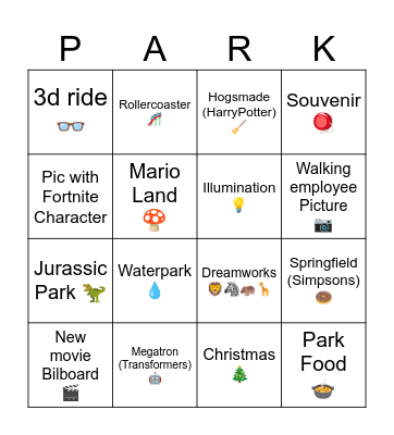 Universal Studios Bingo Card