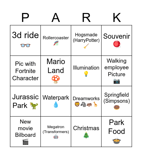 Universal Studios Bingo Card