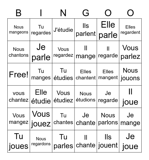 La conjugaison du verbe -er Bingo Card