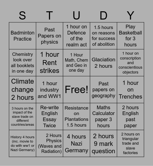 Study Bingo Card (SP2) Bingo Card