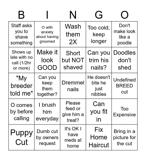 Groomer BINGO Card