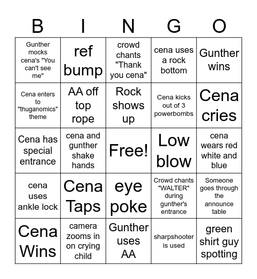 John Cena's Last Match Bingo Card