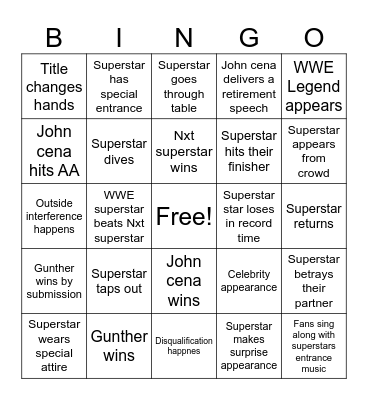 WWE SNME BINGO! Bingo Card