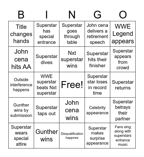 WWE SNME BINGO! Bingo Card