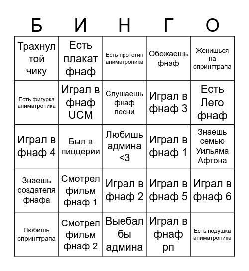 Фанат фнафа Bingo Card
