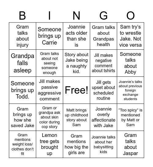 Family Bingo Card