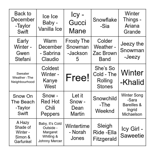 Winter Wonderland Bingo Card