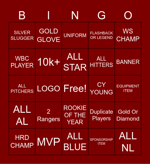 MLB PACK Bingo Card