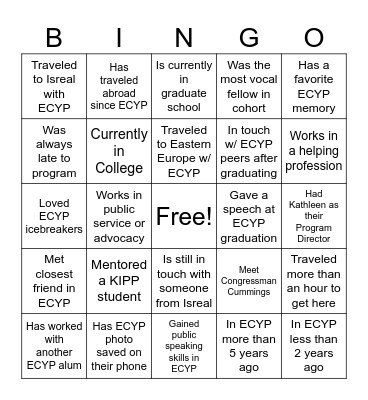 ECYP Alumni Social Gathering Bingo Card